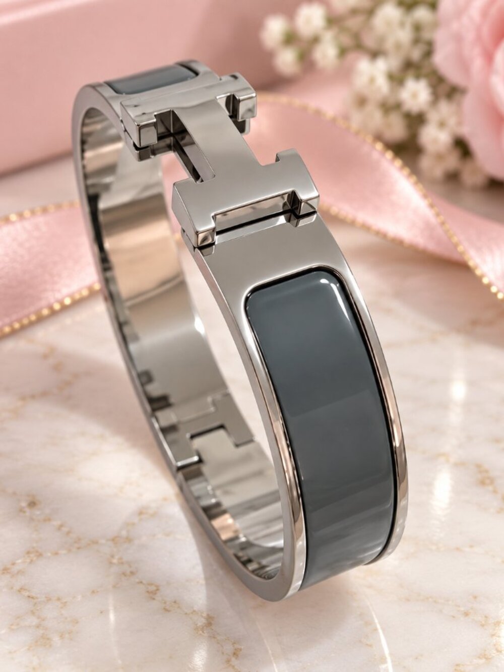 Hermes Clic H Silver and Gray Bracelet